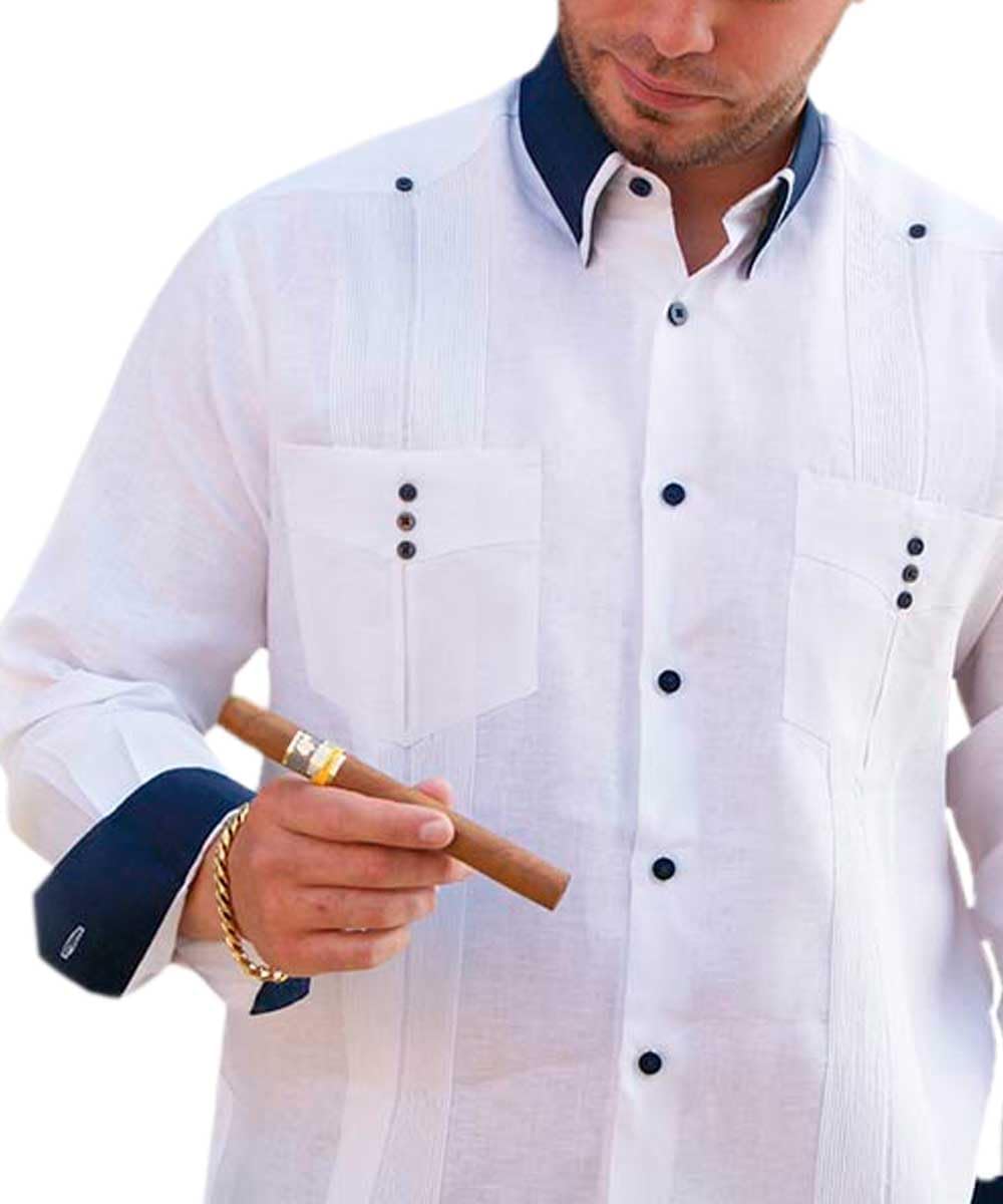 Authentic Miami Trending Men's Linen Shirt with Two Pockets. White/Navy