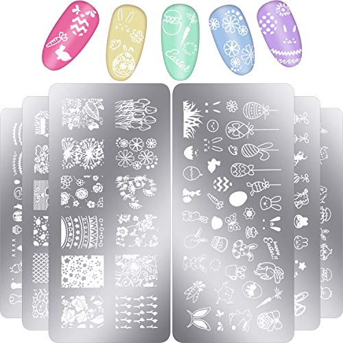 Leinuosen 6 Pcs Easter Nail Art Stamping Plates Bunny Easter Nail Art Plate Kit Flowers Aminals Nail Stamping Templates for Diy Nails Decoration