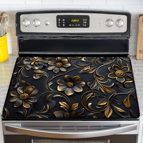 Image of NYZE Stove Cover for Electric and Glass Stove Tops 3-in-1 Stove Mat, Heat Resistant Counter Protector Mat, Non-Slip Surface & Drying Rack (Black Flowers, 28.5 inchLx20.5 inchW)