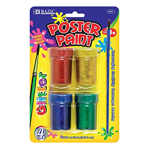 BAZIC 4 Color 18ml Glitter Glue w/Brush, Great for Poster Paint Kids Slime