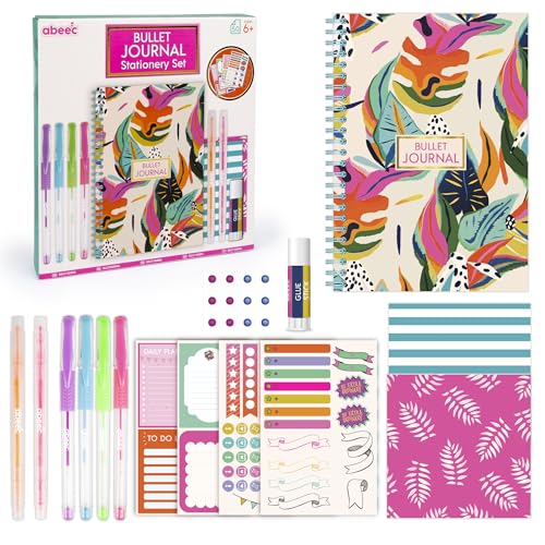 abeec Bullet Journal Stationery Set – Creative Journaling Kit for Girls Ages 6+ – 50-Page Notebook with Gel Pens, Highlighters, Stickers and Accessories – Mindful Scrapbook and Study Gift for Teens