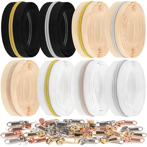 DOITEM Lot de fermetures à glissière en nylon métallique N°5 de 16 m, assortiment de couleurs noir, blanc, kaki avec curseurs pour couture, bricolage,...
