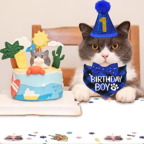 image for STMK Cat Birthday Decorations, Cat Birthday Hat with Number Bandana Bo