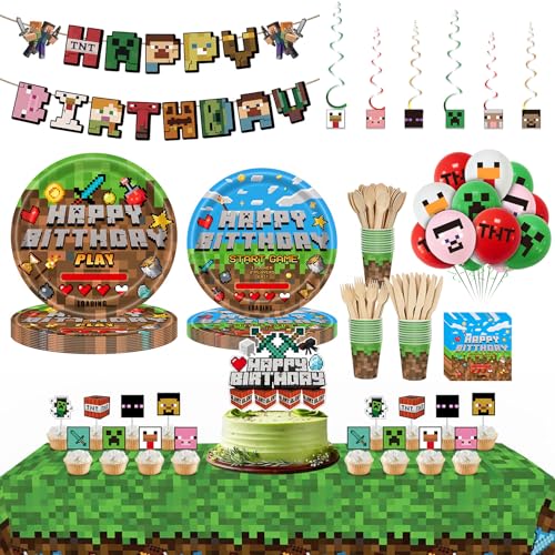 112 pcs Finecraft Birthday Party Kit for Boys Kids - Pixel Theme Party Set with Banner Cake Toppers Hanging Swirls Tablecloth Paper Plates Cups Napkins  Finecraft Party Decorations