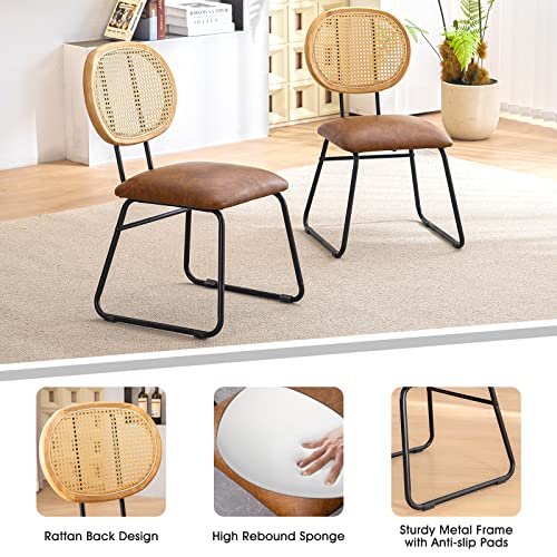 Cdcasa Mid Century Modern Dining Chairs Set Of 2 With Rattan Backrest & Metal Frame, Faux Leather Upholstered Chairs For Kitchen,Dining Room,Coffee, Bar #TOP3