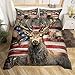 Castle Fairy American Flag Deer Bedding Comforters King Size, Brown Wildlife Animal and Trees Theme Comforter Set with 2 Pillowcases, Red Blue USA Flag Print Natural Quilt Set for Girls Teens Present
