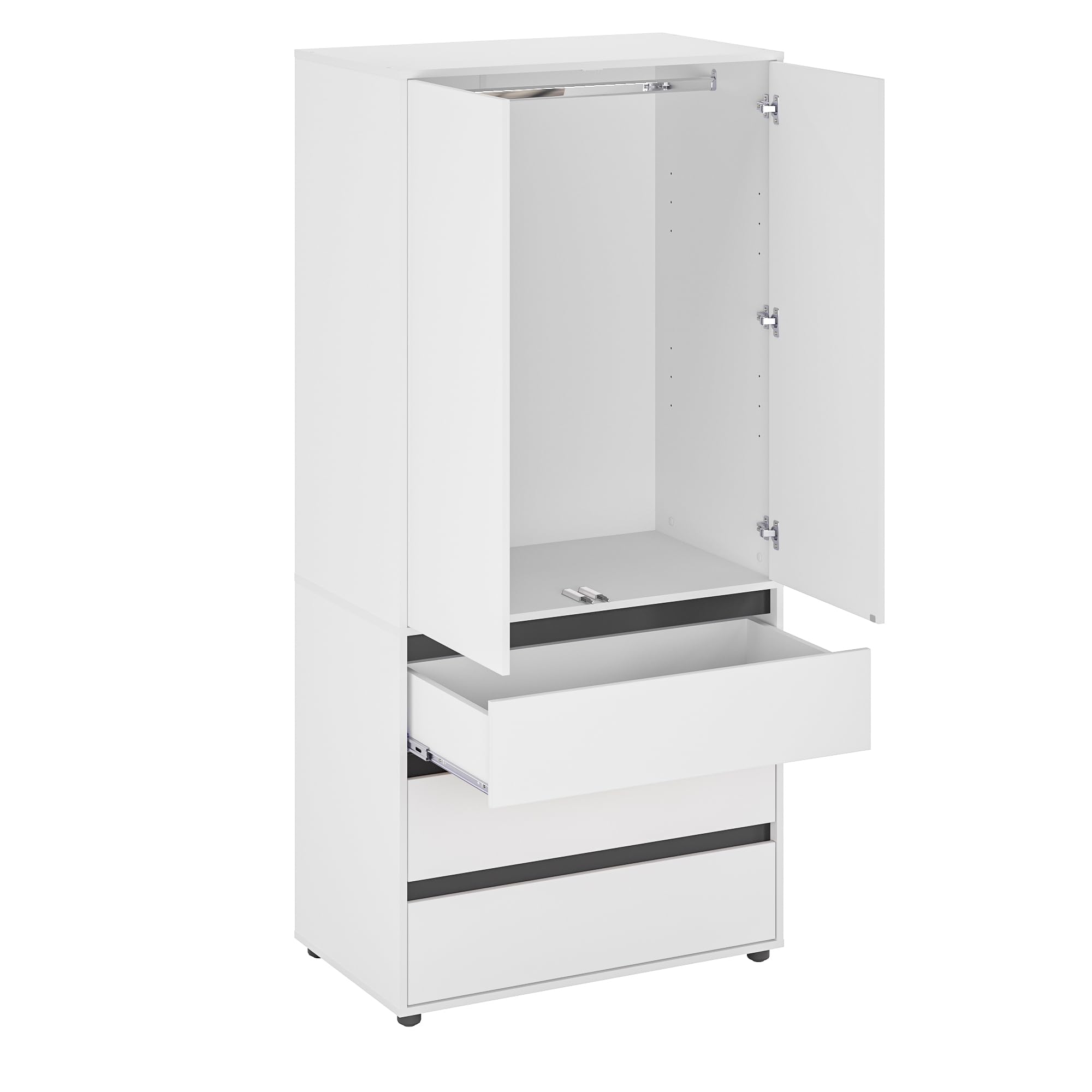 KOMTO Kleiderschrank Klein in Weiß - Schrank Schlafzimmer Kinderzimmer Mehrzweckschrank mit 2-türig & 3 Schubladen Garderobenschrank Flur | Drehtürenschrank Cube 90 x 192 x 53 cm