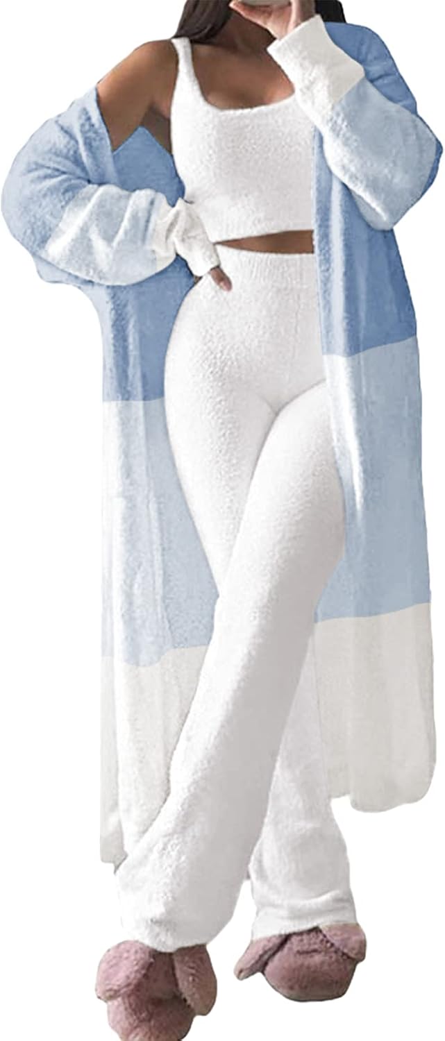 Fixmatti Women's Fuzzy 3 Piece Sweatsuit Open Front Cardigan Crop Tank Tops Wide Legs Pants Lounge Sets Small 1-white Blue