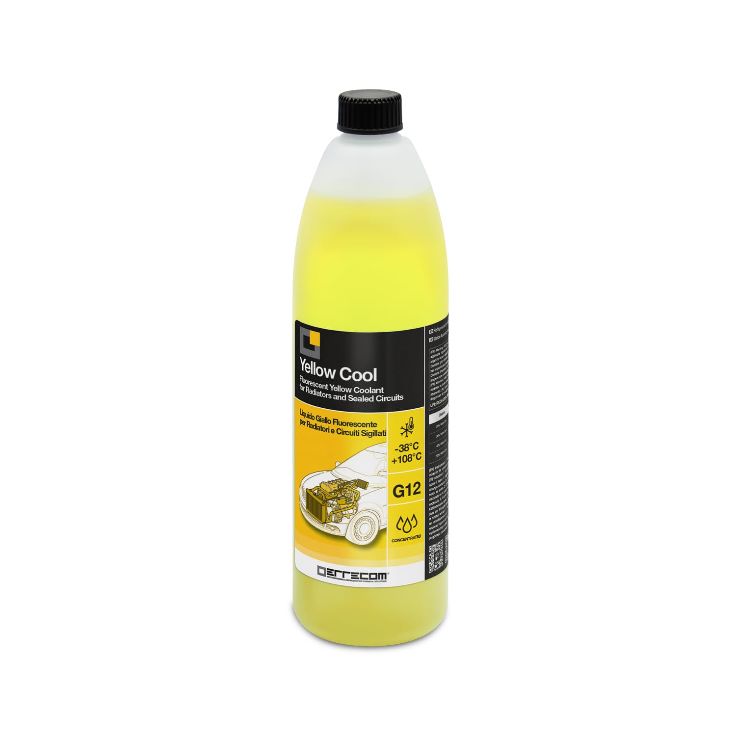 ERRECOM Yellow Cool, Yellow Coolant and Antifreeze Concentrate, Fluorescent Formulation with organic-based OAT inhibitor package, G12, 1 Litre