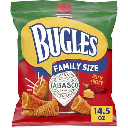 Bugles Tabasco Flavored Crispy Corn Snacks, Hot and Cheesy, Family Size, 14.5 oz