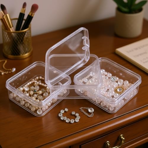 Image of 100 Pieces Square Mini Clear Plastic Storage Box, 1.77x1.77x0.71 inch | Empty, Organizer Containers, Hinged Lids, For Small Items, For Craft Projects