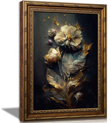 Vintage Gold Framed Botanical Wall Art Gold Abstract Floral Wall Decor Dark Moody Flower Leaves Painting Picture Elegant Luxury Botanical Flower Prints for Bedroom Living Room Home Decor