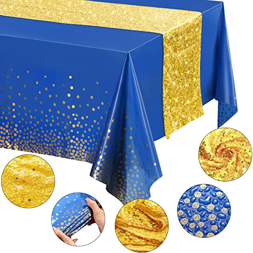 Image of Irenare 2 Pcs Blue and Gold Tablecloth and Sequin Table Runner Set Polka Dots Confetti Table Cover Dining Plastic Tablecloths Glitter Decorations for Birthday Wedding Anniversary Party Supplies