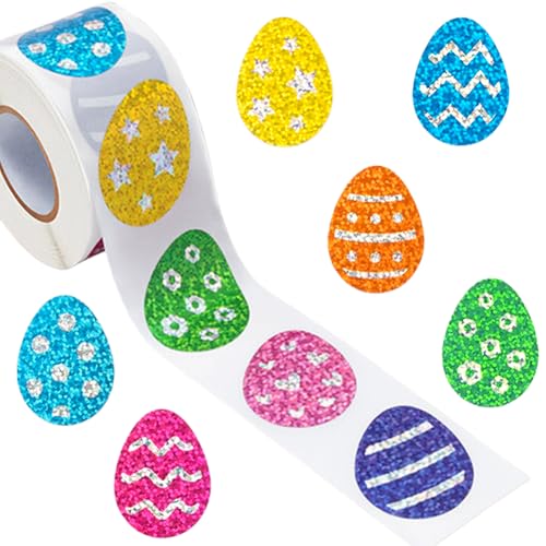 500PCS Easter Stickers Roll 8 Colors Spring Happy Easter Egg Stickers 1.2in Holographic Self-Adhesive Decorative Label Sticker for Envelopes Scrapbook Gift Craft Card Holiday Party Supplies