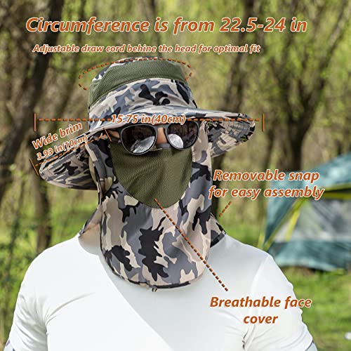 Image of UPF 50+ Sun Fishing Hat for Men Women Wide Brim Hat with Detachable Face Cover & Neck Flap