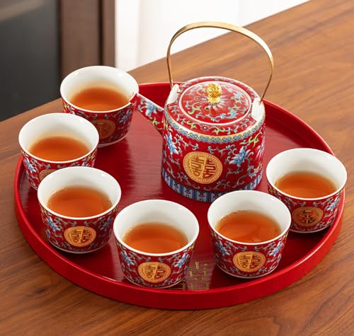 JiajuZS Chinese Double Happiness Red Wedding Tea Set,Porcelain Wedding Tea Set,Beam Handle, Comfortable to Hold,for Newlyweds, Friends Chinese Traditional Wedding Decoration Supplies