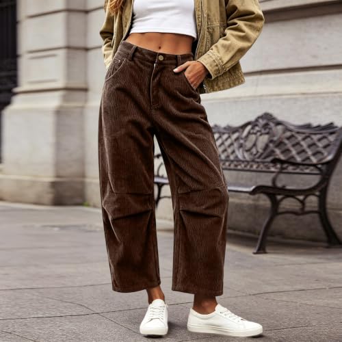Corduroy Barrel Pants Women High Rise Baggy Wide Leg Trousers Brown - image 2