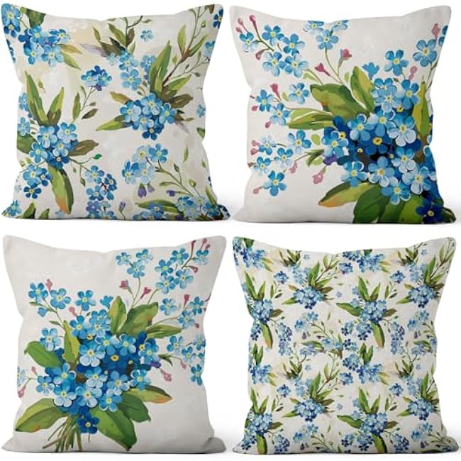 4 Pcs/Set Rose Flowers Pillow Covers Summer Floral Green Leaves Pink Flowering Shrub Natural Scenery Watercolor Romantic Linen Cushion Case for Outdoor Couch Sofa Bedroom, 16x16