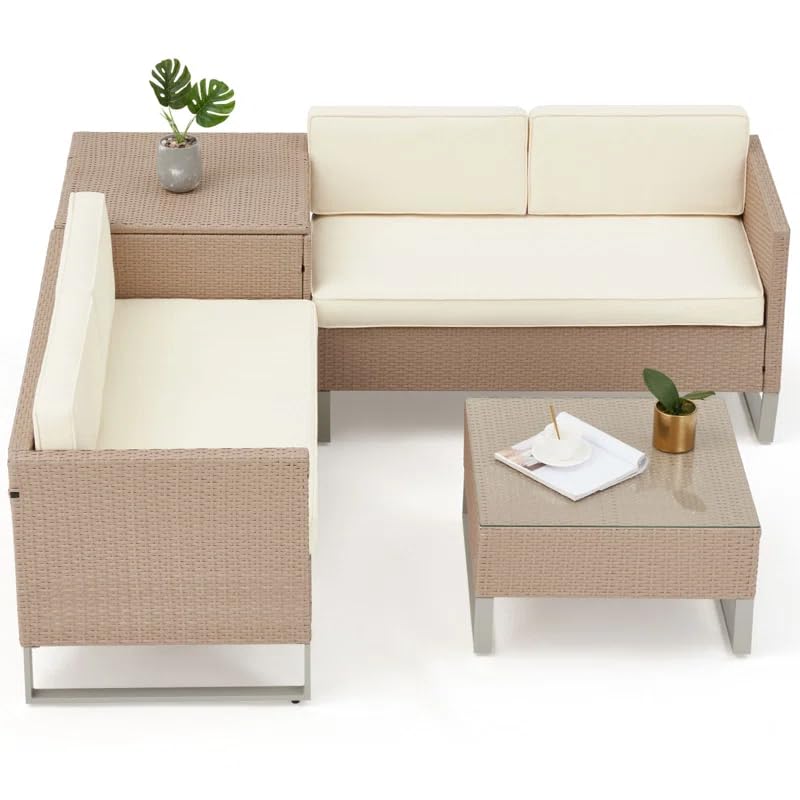 Image of DEVOKO 4 Piece Patio Furniture Set All-Weather Outdoor HDPE Rattan Sectional Sofa with Table & Cushions for Patio, Deck, Garden, Poolside, Yard (Beige and Cream)