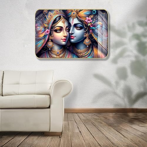 Image of Masstone Radha Krishna Crystal Embedded High Gloss Wall Painting, Golden Slim Frame, 45x30 Cm Wall Art for Living Room, Bedroom, Office & Home Decor (CRG36)