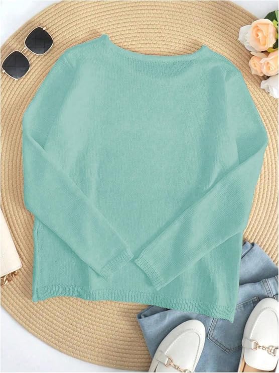 Women's Letter Print Beach Cover Up Long Sleeve Crew Neck Slit Hem Pullover Sweaters Crochet Loose Fit Tunic Tops2