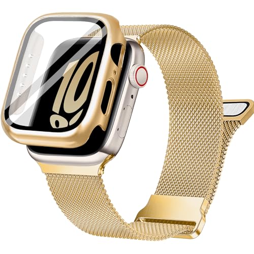 Ocaer Kompatibel mit Apple Watch Armband mit Gehäuse 40mm 41mm 42mm 44mm 45mm 46mm, Metall Magnetisch iWatch Armband für Apple Watch SE Series 11 10 9 8 7 6 5 4, Edelstahl Mesh Loop (Gold, 40mm)