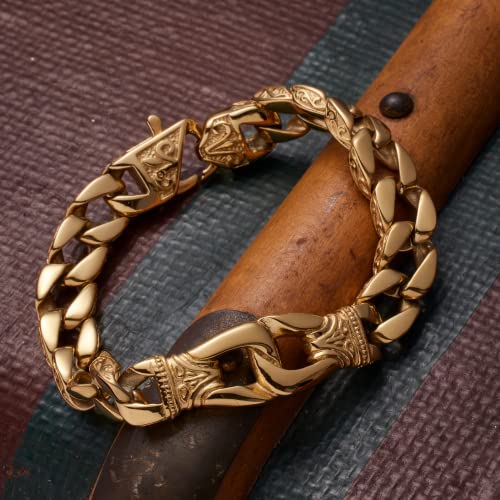 Urban Jewelry Men’s 24K Gold Plated Link Bracelet Collection – Fleur De Lis Chain & Intricate Black Detail, 8.5–9 Inch, Scratch‑Resistant, Secure Clasp, Gift Box4