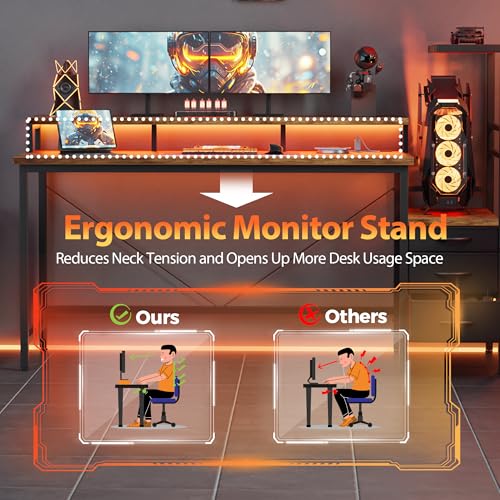 Image of Mericonia 68 inch Gaming Desk with Drawers, Reversible Computer Desk, Brown