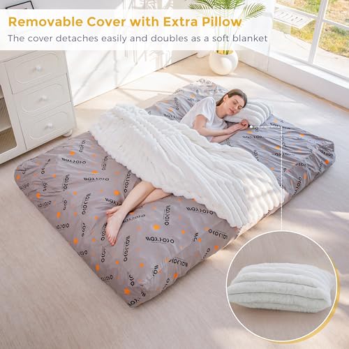 Image of MAXYOYO Giant Bean Bag Chair Bed with Pillow, Convertible Beanbag Sofa to Floor Bed, Lazy Chair Couch with Removable Cover, High-Density Shredded Foam Filling, Cozy Lounge for Bedroom Living Room