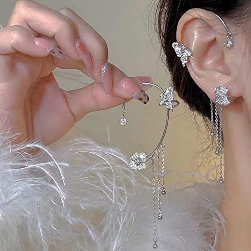 1 Pair Zircon Butterfly Earrings For Women Rhinestone Non Pierced Ear Crawler Clips Butterfly Cuff Wrap Earrings For Girls (Moon Star) (Flower Butterfly) #TOP5