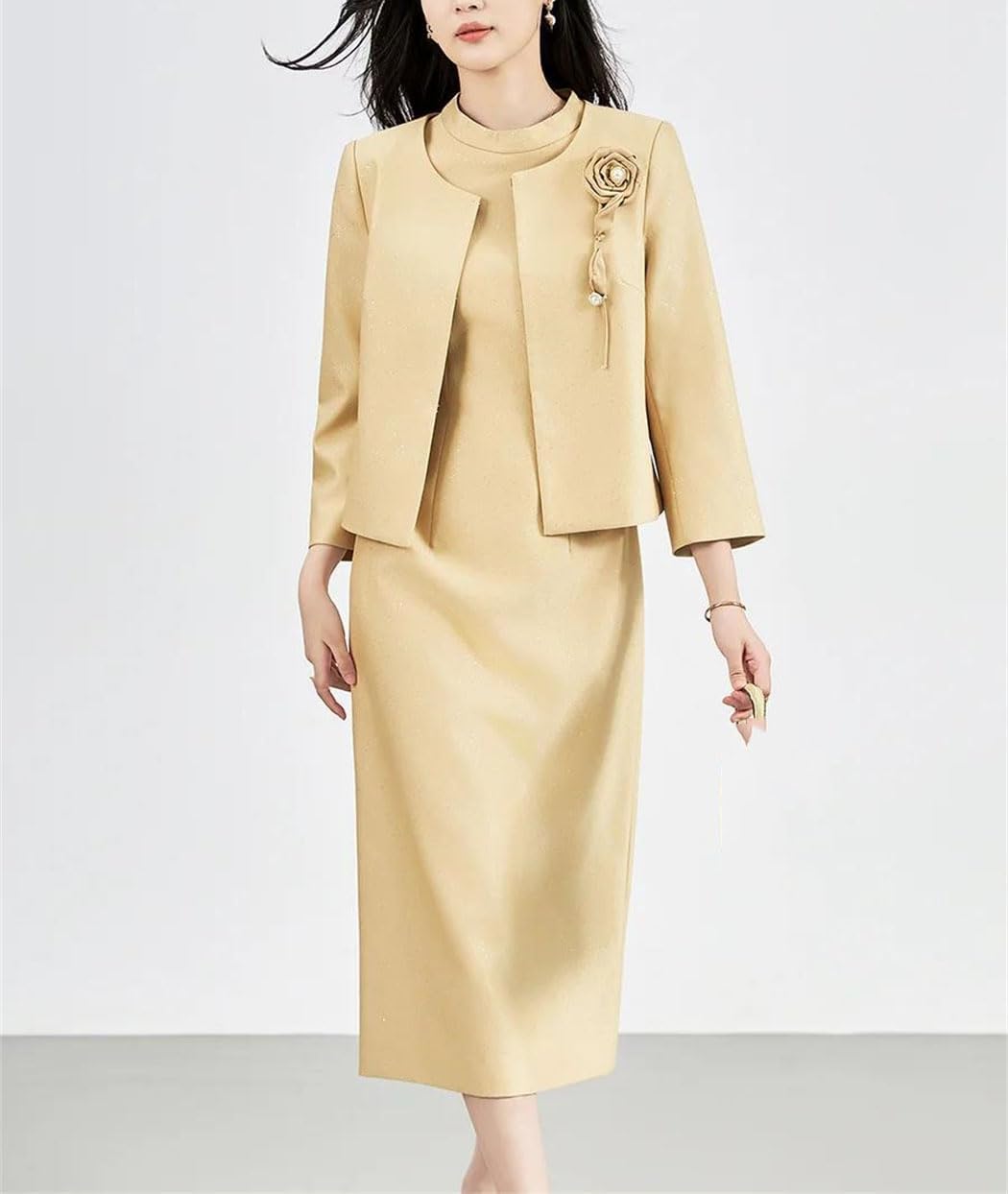 Women's 2 Piece Dress Suit Designer Full Sleeve Jacket with Short Sleeve Dress Office Wear