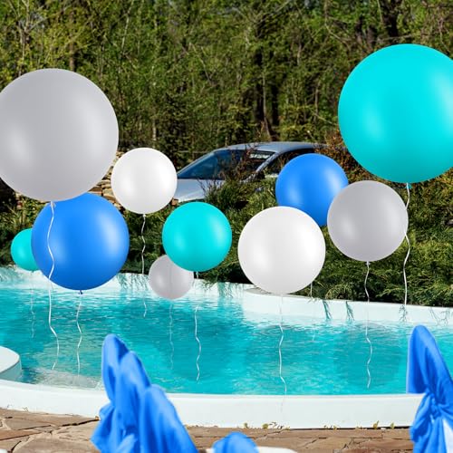 Image of Gejoy 24 Pcs Pool Giant Balloons 36 /24 /18 Inch Jumbo Large Big Latex Balloons Bulk with Ribbon for Pool Decorations Garland Arch Wedding Birthday Supply, Needs to Be Filled with Helium(Blue,Gray)