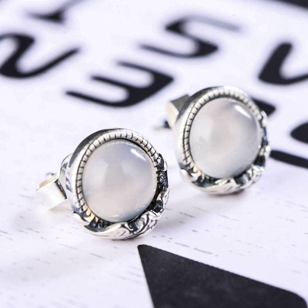 Ears925 Sterling Silver Retro Thai Silver Simple Temperament Bat White Chalcedony Female Ear Stud/White