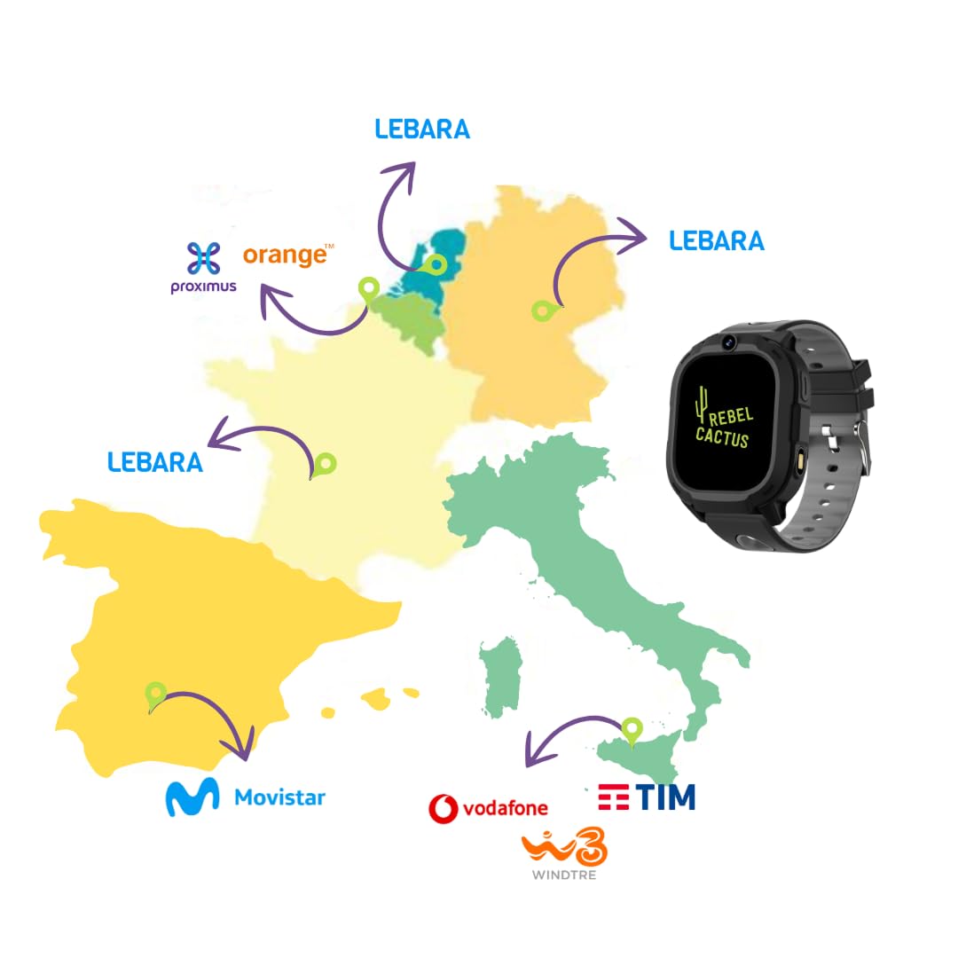Rebel Cactus Kinder Smartwatch Sky – Moderne Benutzeroberfläche in Schwarz – Kinderuhr mit GPS und größe Speicher, mit einstelbare Zeitlimit und Hintergründe – Wasserdicht (IP67)