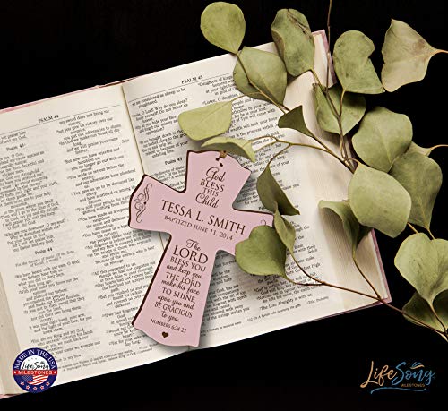 Image of LifeSong Milestones Personalized Baptism 1st Holy Communion Christening Wall Cross Decoration God Bless This Child the Lord Bless You and Keeps You (4.5 inch x 6 inch, Pink)