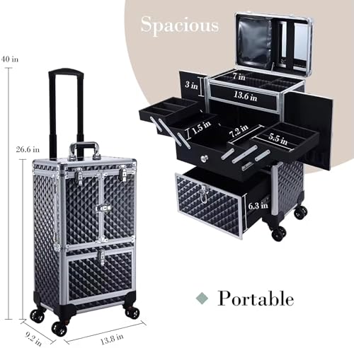 Image of Adson Multifunctional Professional Beauty Makeup Artist Rolling Cosmetic Aluminium Vanity Trolley Beauty Train case Makeup Cosmetic Trolley Hairstylist Travel Organizer (Silver with Design)
