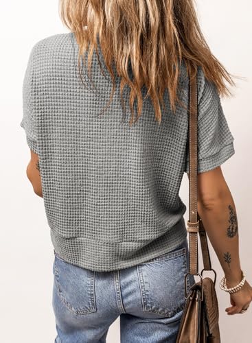 Image of Dokotoo Womens Summer Tops 2026 Waffle Knit Button Down Shirts Casual V Neck Short Sleeve Shacket Jacket Dressy Blouses