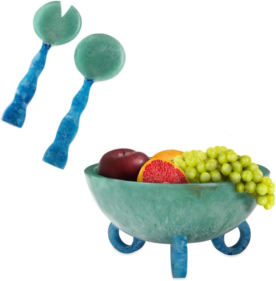 Folkulture Fruit Bowl for Kitchen Counter, 9" Resin Decorative Bowl & Salad Servers - Set of 2 Resin Tongs, 12" for Serving