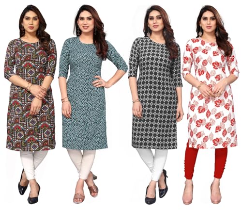 Image of JAKHANA Women's Crepe Printed Casual Straight Calf Length Round Nick Kurta Pack of 4
