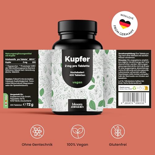 Kupfer Tabletten - 400 Stück x 2 mg Kupfer aus Kupferbisglycinat - hochdosiert - Copper, vegan und produziert in Deutschland - Verpackung kann variieren