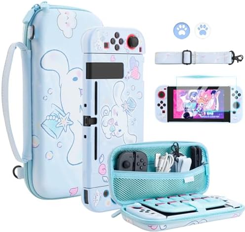 Blue Cartoon Dog Carrying Case for Nintendo Switch, Cute Protective Hard Shell Travel Case Pouch with Protective Shell, HD Screen Protector, Adjustable Shoulder Strap and 2 Cat Paw Thumb Caps