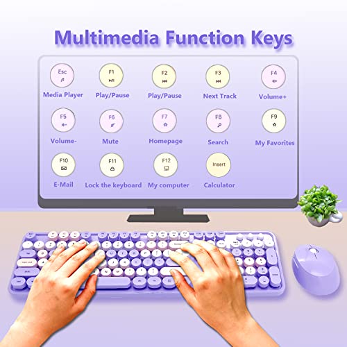 Image of Purple Retro Typewriter Wireless Keyboard and Mouse Combo for Home Office | Full Size Cute Vintage Round Bubble Keycaps, Ergonomic Aesthetic Colorful Keyboard Mouse Set for Long Nails Laptop Desktop PC