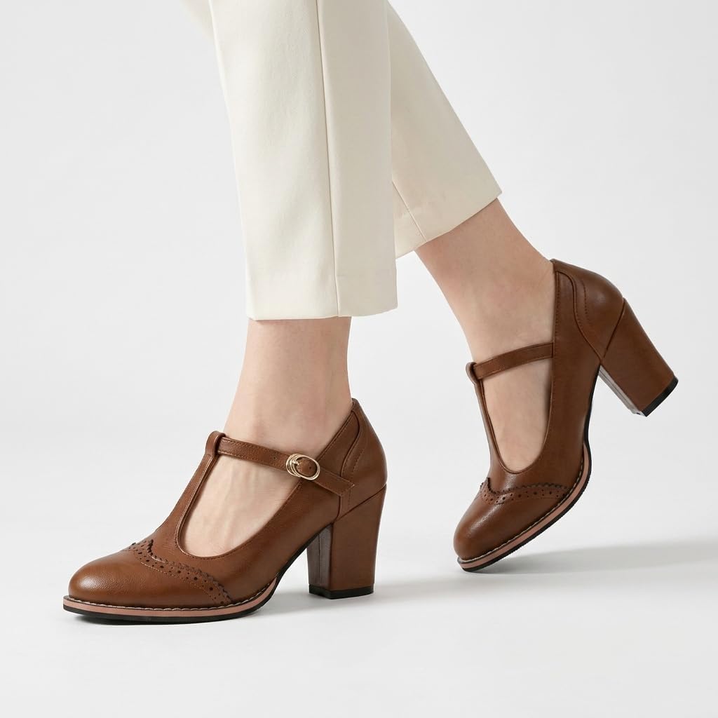 Women Black Brown Oxford Shoes Mary Jane Heels Vintage 1950s Pumps | Retro 50s T-Strap Saddle Dress Shoes, Wingtip High Heel Oxfords