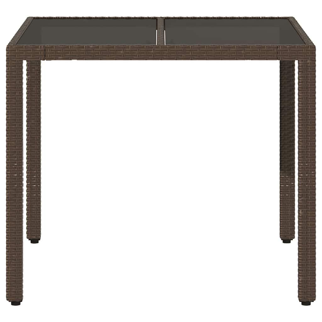Mesa de jardín con tablero de cristal marrón, 90 x 90 x 75 cm, polirratán, polietileno, para exteriores, para terraza, muebles de jardín, marco de acero, duradera, resistente a la intemperie