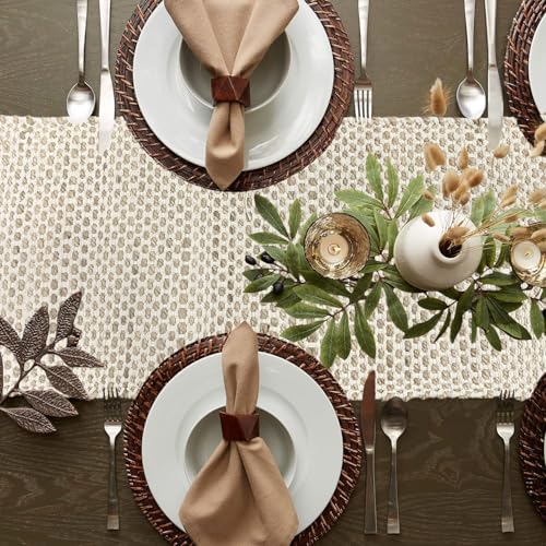 Image of Luxe Home Elegant Beige and White Woven Table Runner with Tassels - Mix Cotton Jute 13 x 74 Inch, Honeycomb - Perfect for Dining Table, Center Table, Decor