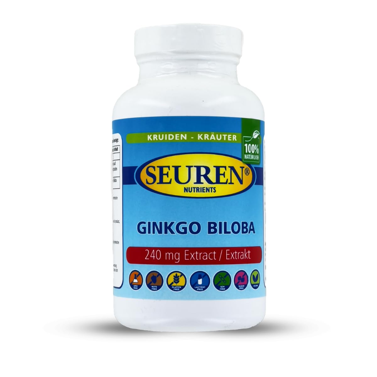 Seuren Nutrients | Ginkgo Biloba 12000 mg 200 Kapseln | Hochdosierte Ginkgo Biloba 240 mg Extrakt Kapseln | Frei Von Allergenen und für Vegetarier und Veganer Geeignet |