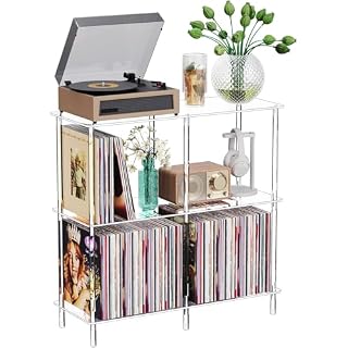 Clear Acrylic Record Player Stand with Vinyl Storage, 31.5″ L x 11.8″ W x 30.7″ H, 3 Tier Side Turntable Table with Large Album Shelf, Modern End Table Bookshelf for Living Room, Bedroom - Les Beatles, Paul McCartney, John Lennon, RIngo Starr, George Harrison