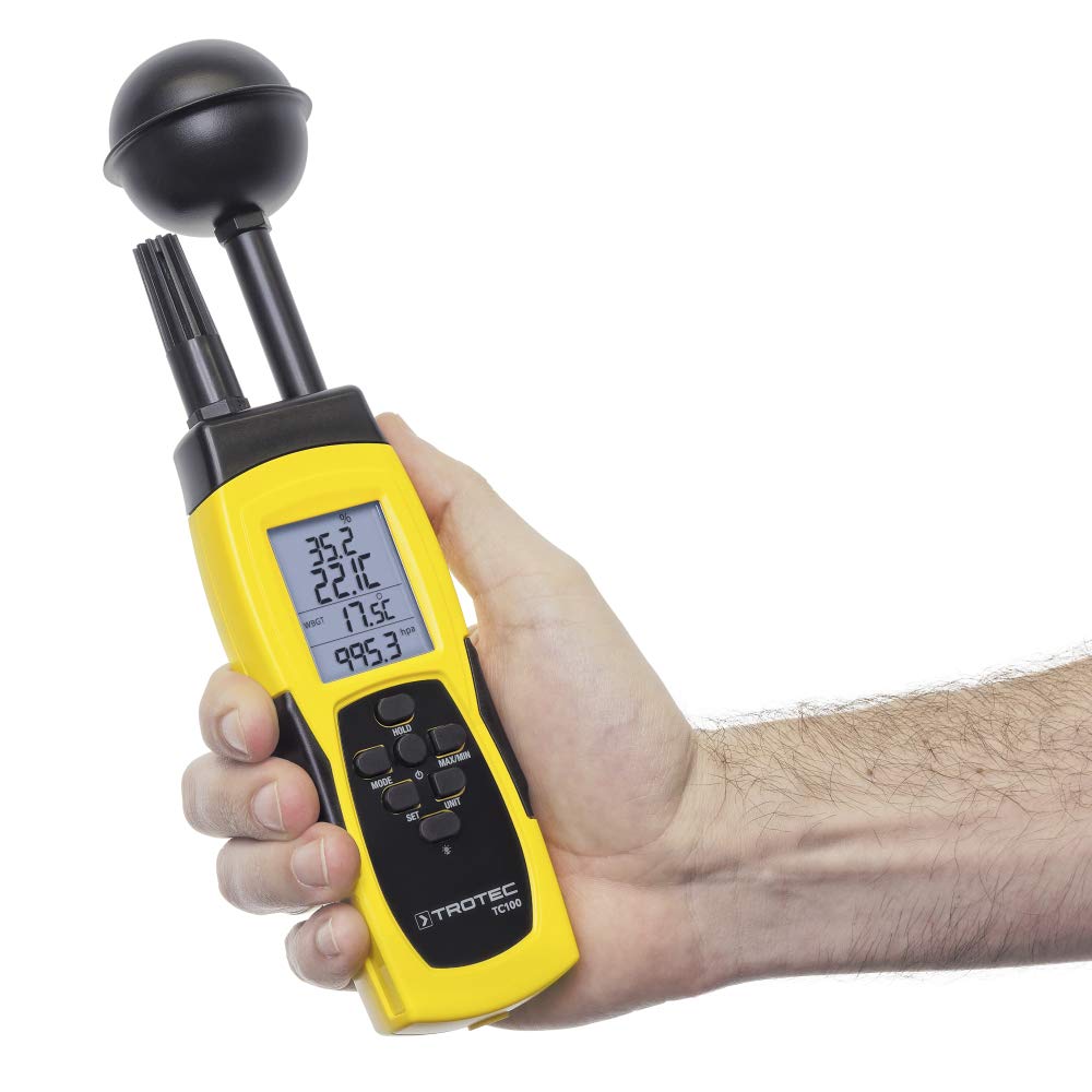 TROTEC Thermohygrometer TC100 inkl. Kalibrier-Zertifikat, Klimasummenmaß (WBGT), Strahlungswärme (Black Globe), Hitze-Index (HI), Lufttemperatur