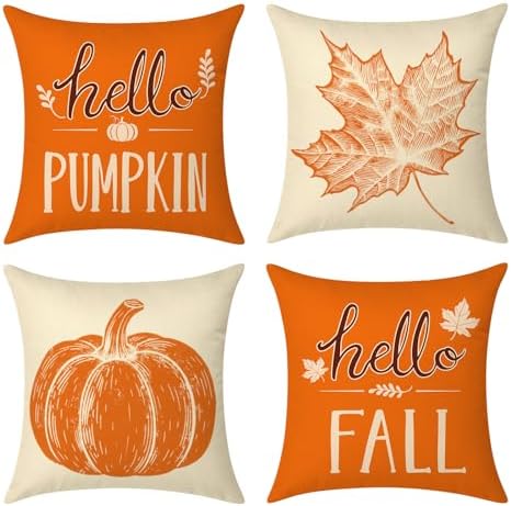 Thmyo Set of 4 Thanksgiving Orange Throw Pillow Covers 18x18inch Fall Decorations Pumpkin Maple Leaf Cushion Cases for Sofa Chair Living Room Bedroom Home