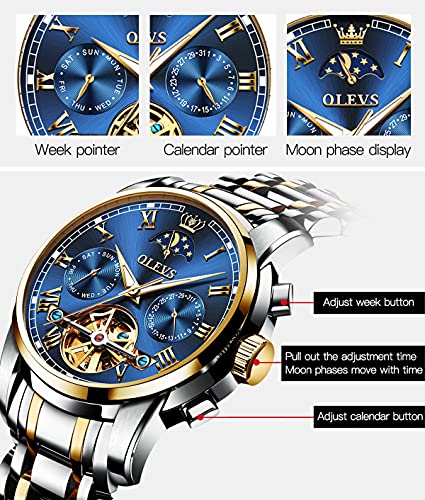 Image of OLEVS Self Winding Watches for Men Automatic Mechanical Skeleton Luxury Dress Waterproof Moon Phase Tourbillon Chronograph Stainless Steel Luminous Wristwatch